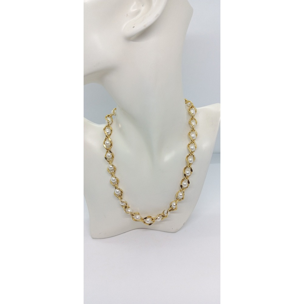 Gold‎ Tone Faux Pearl Crinkle Cable Chain Choker Necklace 8.5"  #4